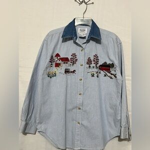 Solution original Blue Striped Shirt with Farmhouse Embroidery